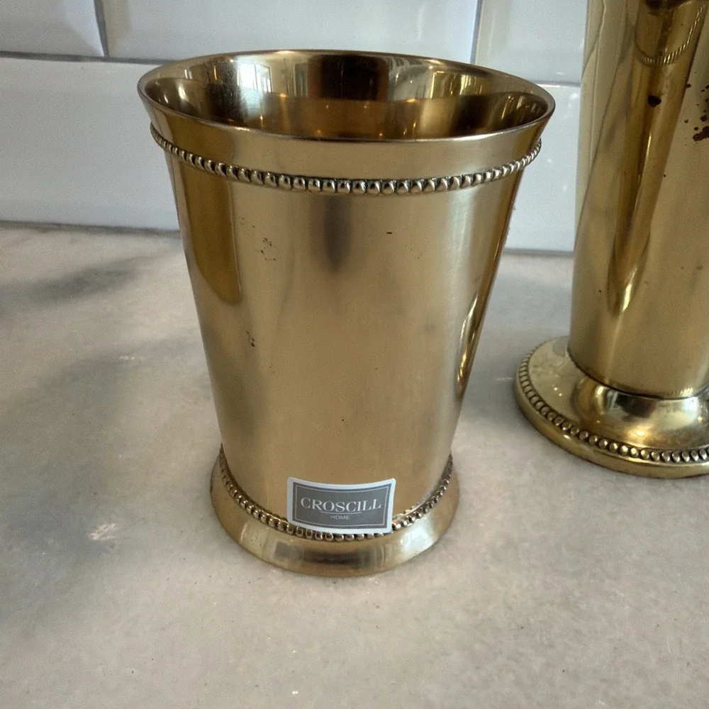 Vintage Croscill Brass Bathroom Set Tissue Cover, Soap Dispenser, Cup ES0002